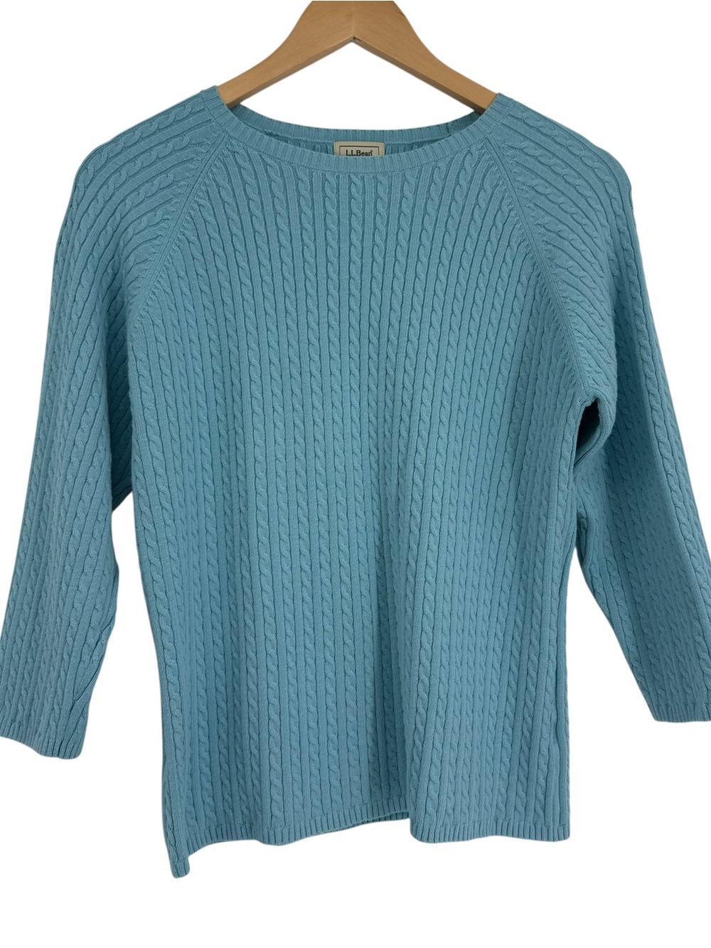 L.L. Bean Women's Pullover Sweater Crew Neck Size L Green Cotton Cable Knit